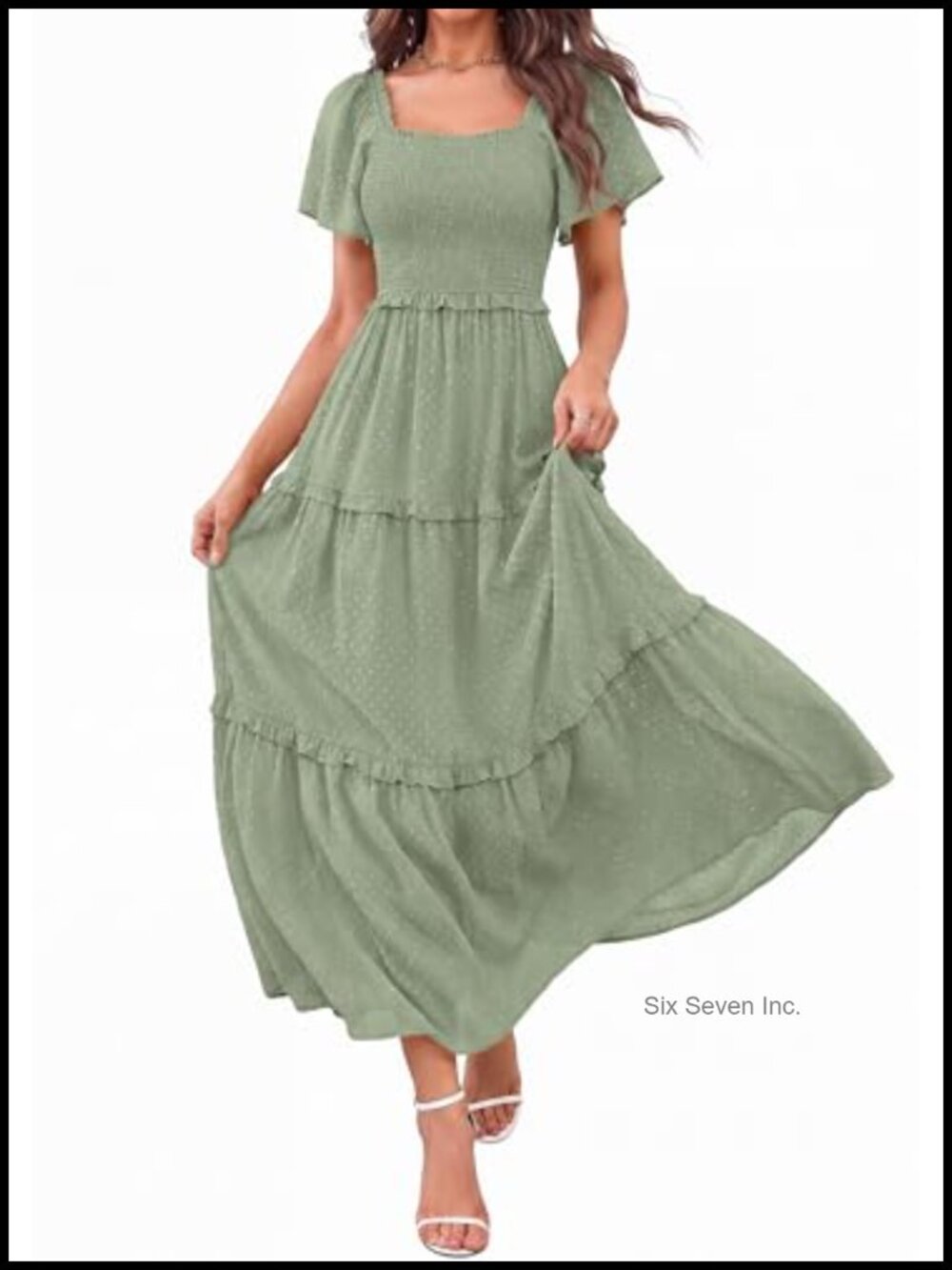 Women's Boho Maxi Dress Swiss Dot Smocked Square Neck Flowy Summer Dress - Picture 4 of 6
